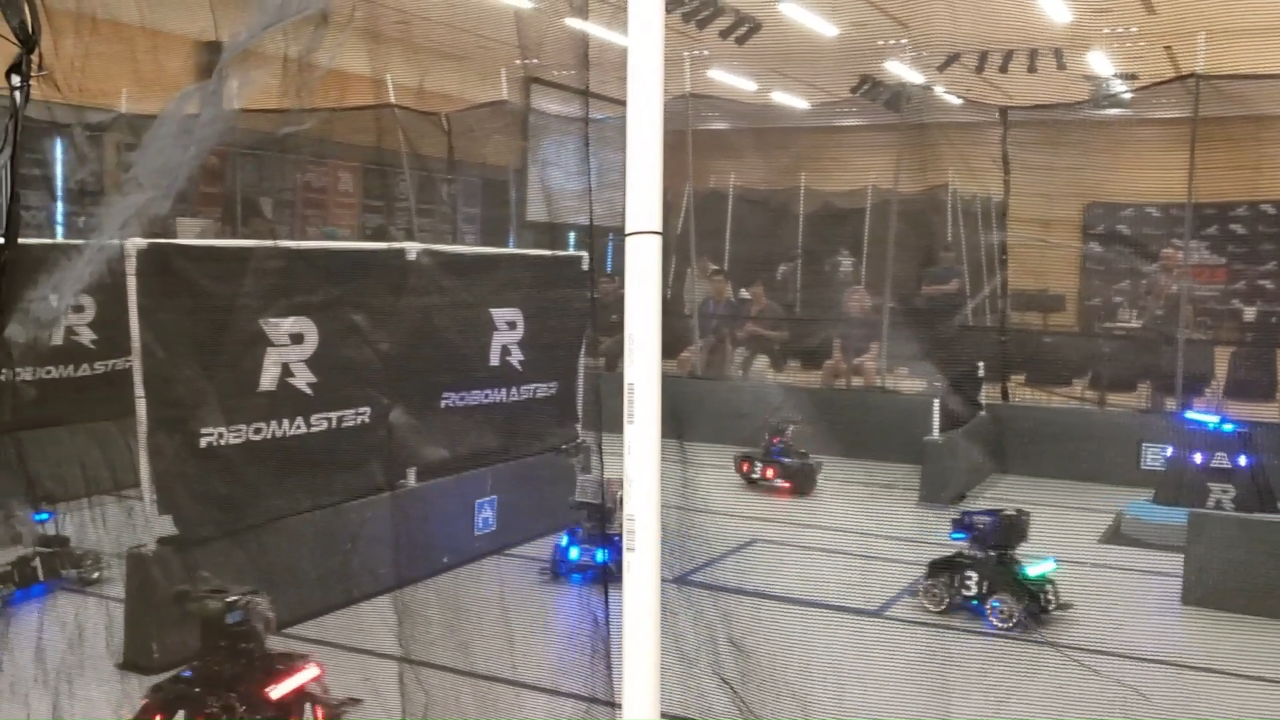 RoboMaster match footage used to study wheel slip on minor obstacles.